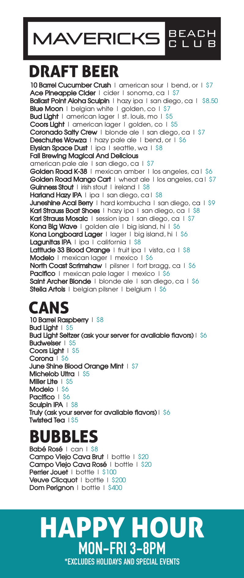 Menus Mavericks Beach Club San Diego